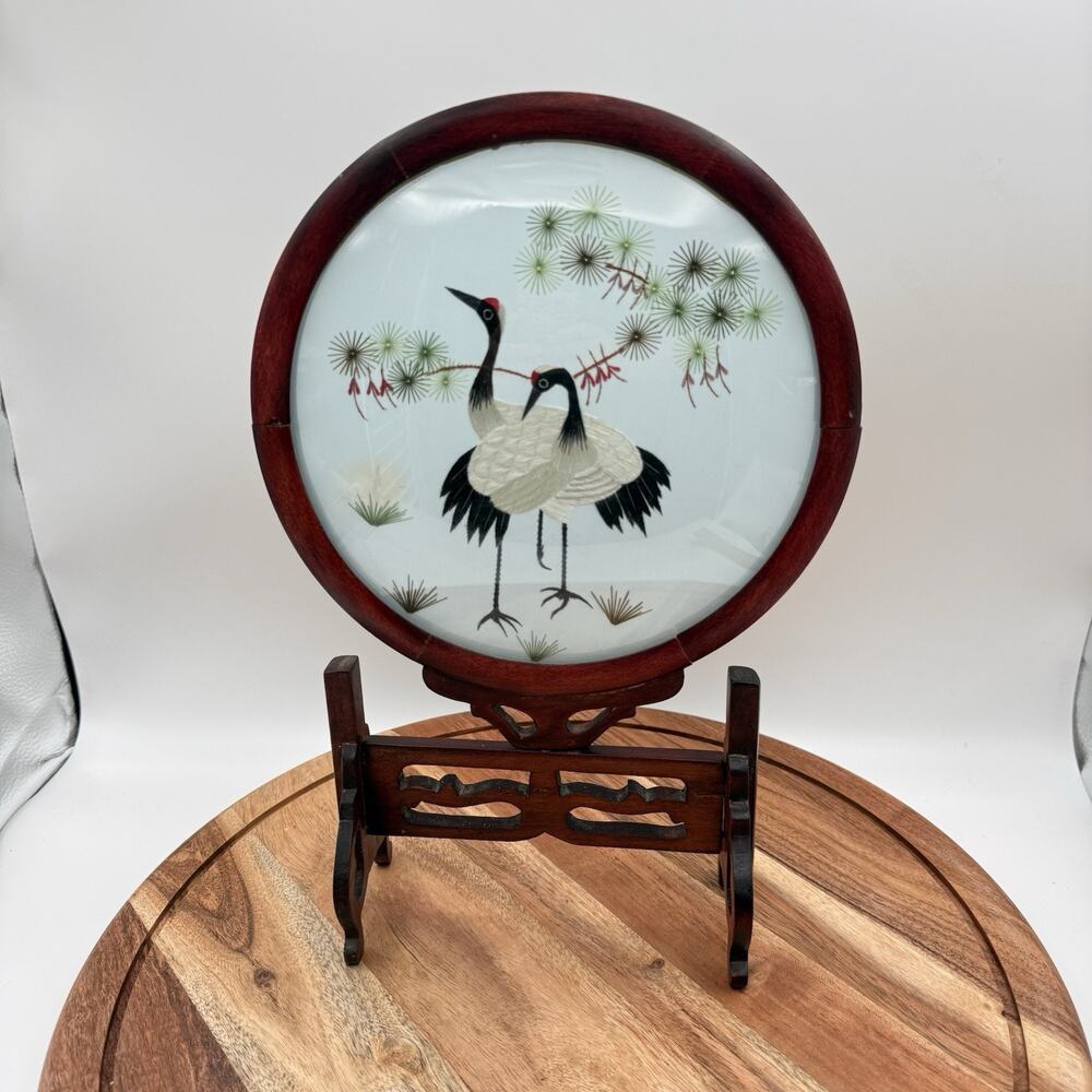 Vintage Chinese Double Sided Convex Glass Silk Crane & Pine Birds Embroidery